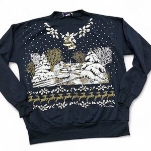 Vintage Turtle Bay‎ Large USA Christmas Holiday Sweatshirt Winter Scene Reindeer